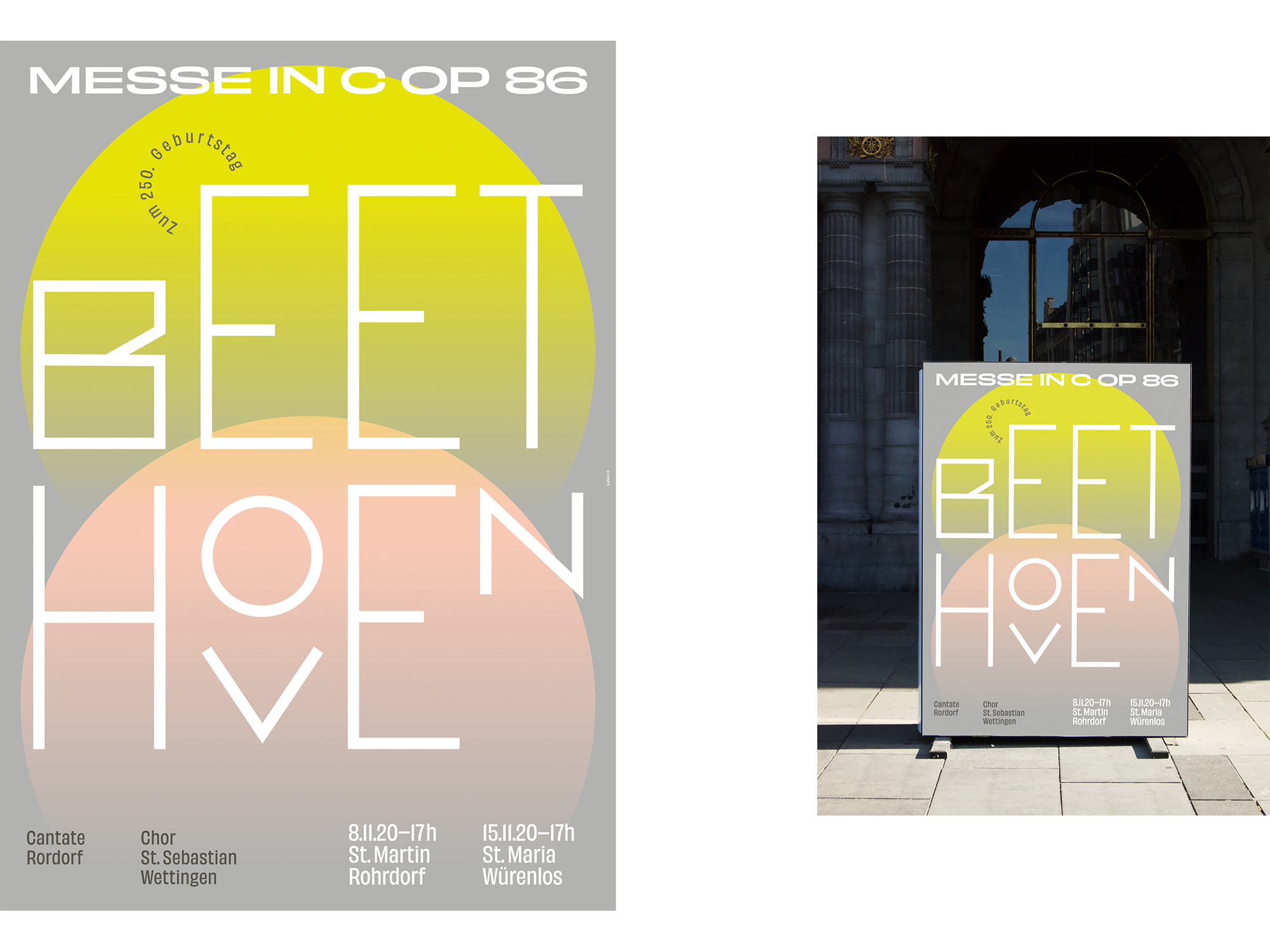 Zwei Ansichten des Plakats für die Beethoven-Messe in C-Dur. Links ist das Design an sich zu sehen, rechts in einem Steler vor einem Gebäude. 